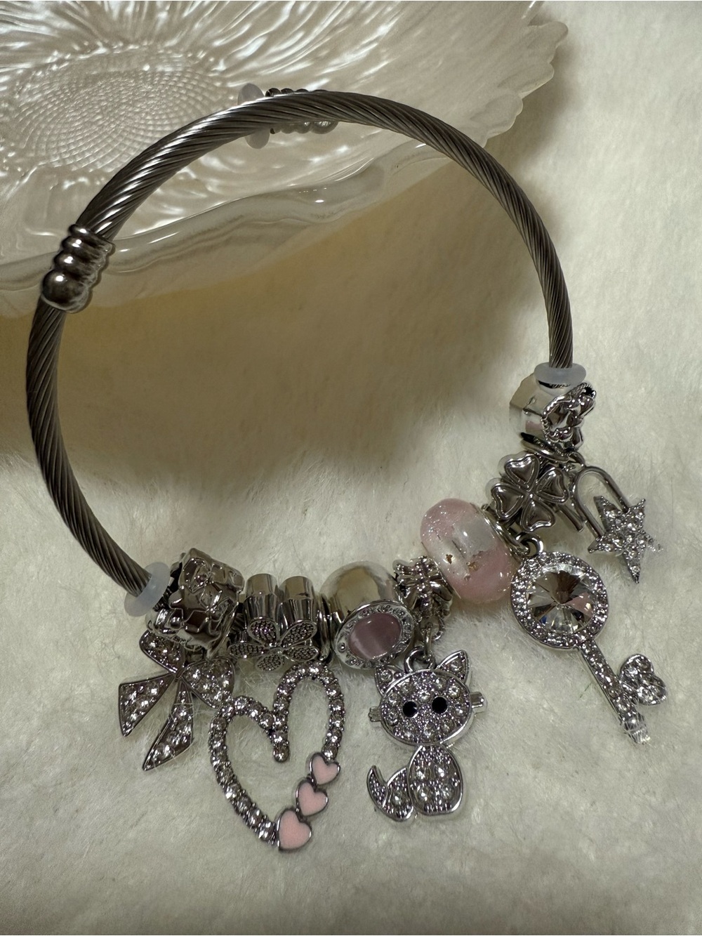 Stainless Steel Charm Bracelet with Pink Accents in Silver-tone - Picture 6 of 9